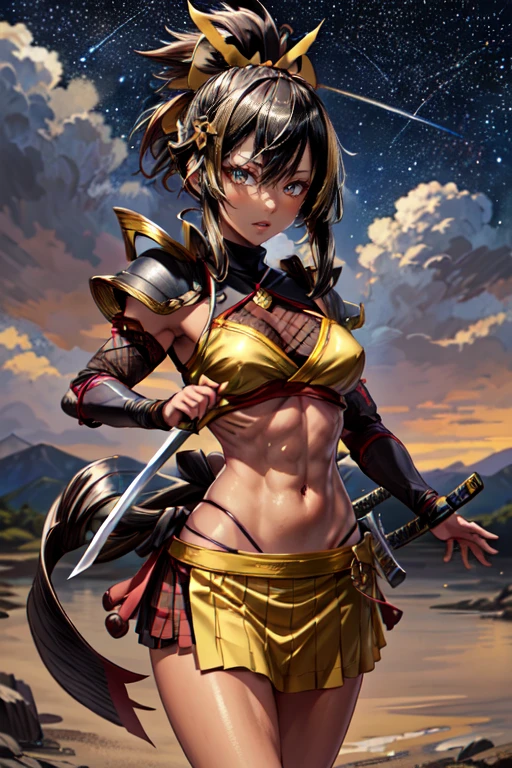 One girl, samurai,Japanese sword,anime,Anatomically correct, A series of character actions,ponytail, masterpiece, Textured skin, Action Painting, Heavy makeup, Brown Skin,Perfect Face,Perfect Eyes, very small breasts ,Very thin legs,Trained abdominal muscles,chest armor , long skirt,Alone, accurate,  anatomically correct , Starry Sky,