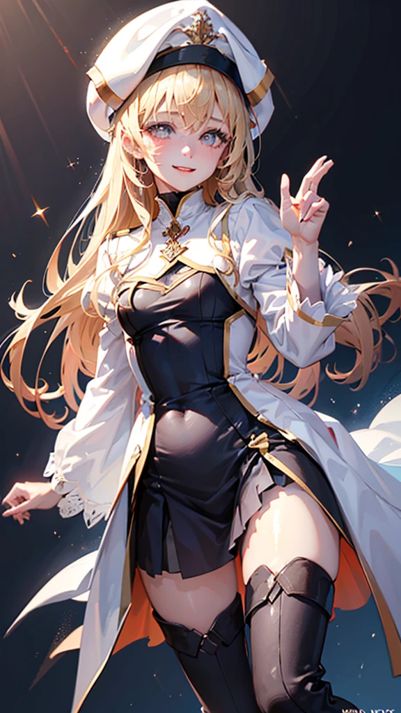 aapri, long hair, white headwear, small breasts, white dress, puffy sleeves, long sleeves, pelvic curtain, thighhighs, thigh boots,blonde hair,slender,smile,pray,masterpiece,Noise Reduction,perfect anatomy,high resolution, ultra-detailed, ultra-detailed face,game cg,dutch angle ,beautiful detailed eyes,visualart,five fingers, perfect hands, perfect lighting, sparkling pupils,