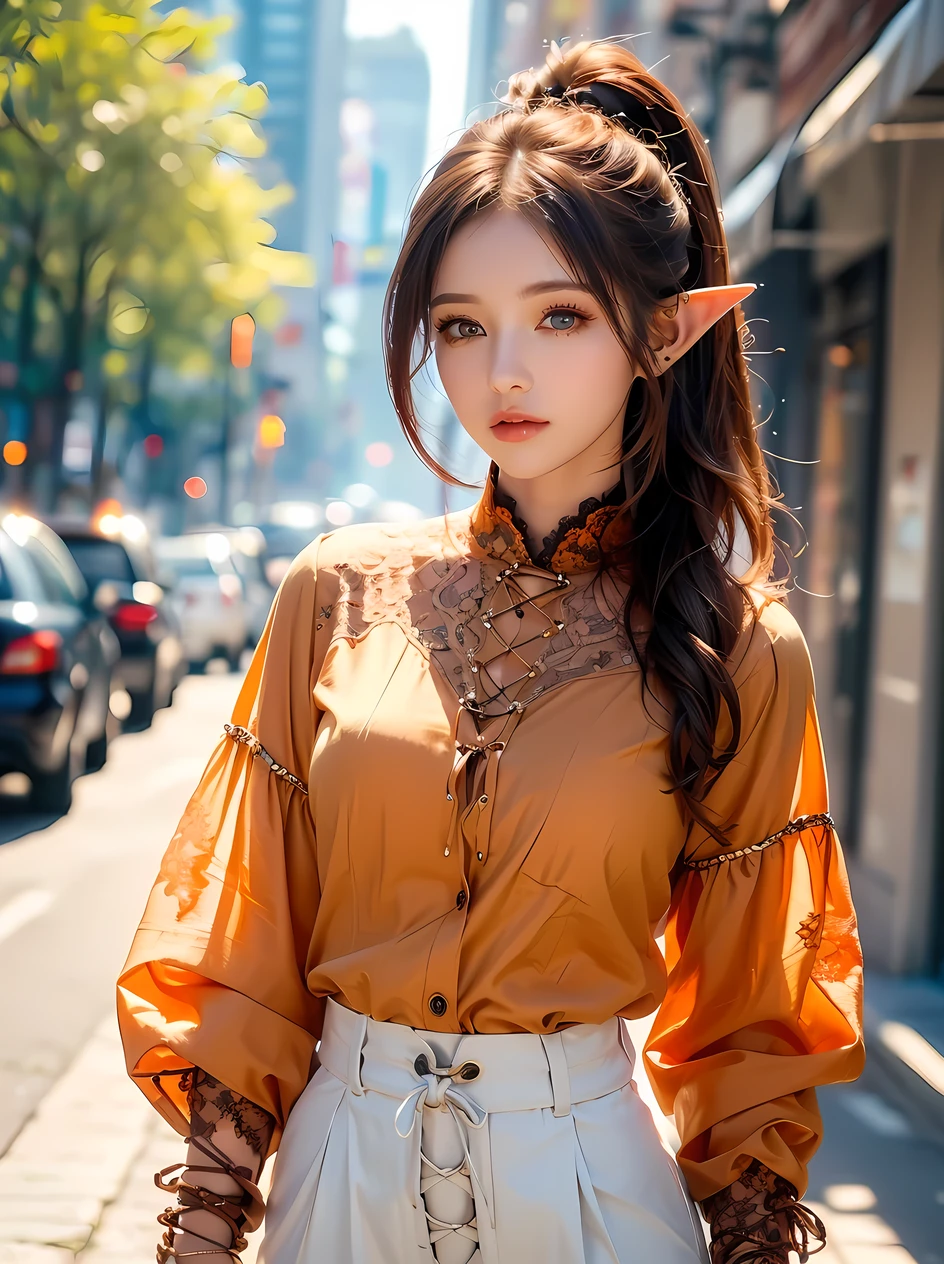 (((Best quality, 8k, Masterpiece: 1.3)), ((best quality)), ((masterpiece)), (detailed), perfect face, high detailed fingers, long ponytail, brown hair, blue eyes, ((orange Lace-up blouse)), long sleeves, shirt, top, ladies, adult, casual, elf, white slacks, city, street, Downtown, Unbutton the hem of her blouse