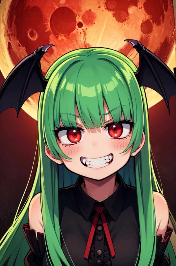 redい目, vampireの牙, Buddy face, Bleeding from the mouth, Grin,Bat Wings, scared smile, psychopathic Grin, Psychopathic Smile, scared,  opens her mouth, Angry Eyes, vampire, Dark night background, red + green + green, glowing red moon