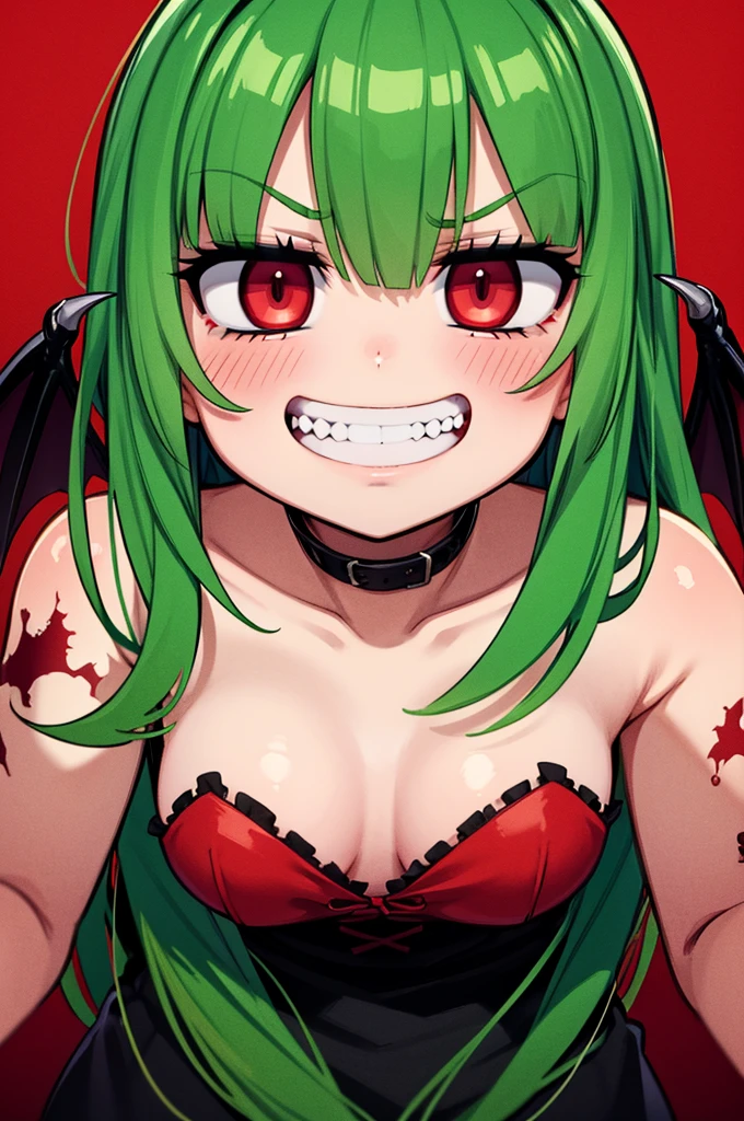 redい目, vampireの牙, Buddy face, Bleeding from the mouth, Grin,Bat Wings, scared smile, psychopathic Grin, Psychopathic Smile, scared,  opens her mouth, Angry Eyes, vampire, Dark night background, red + green + green, glowing red moon