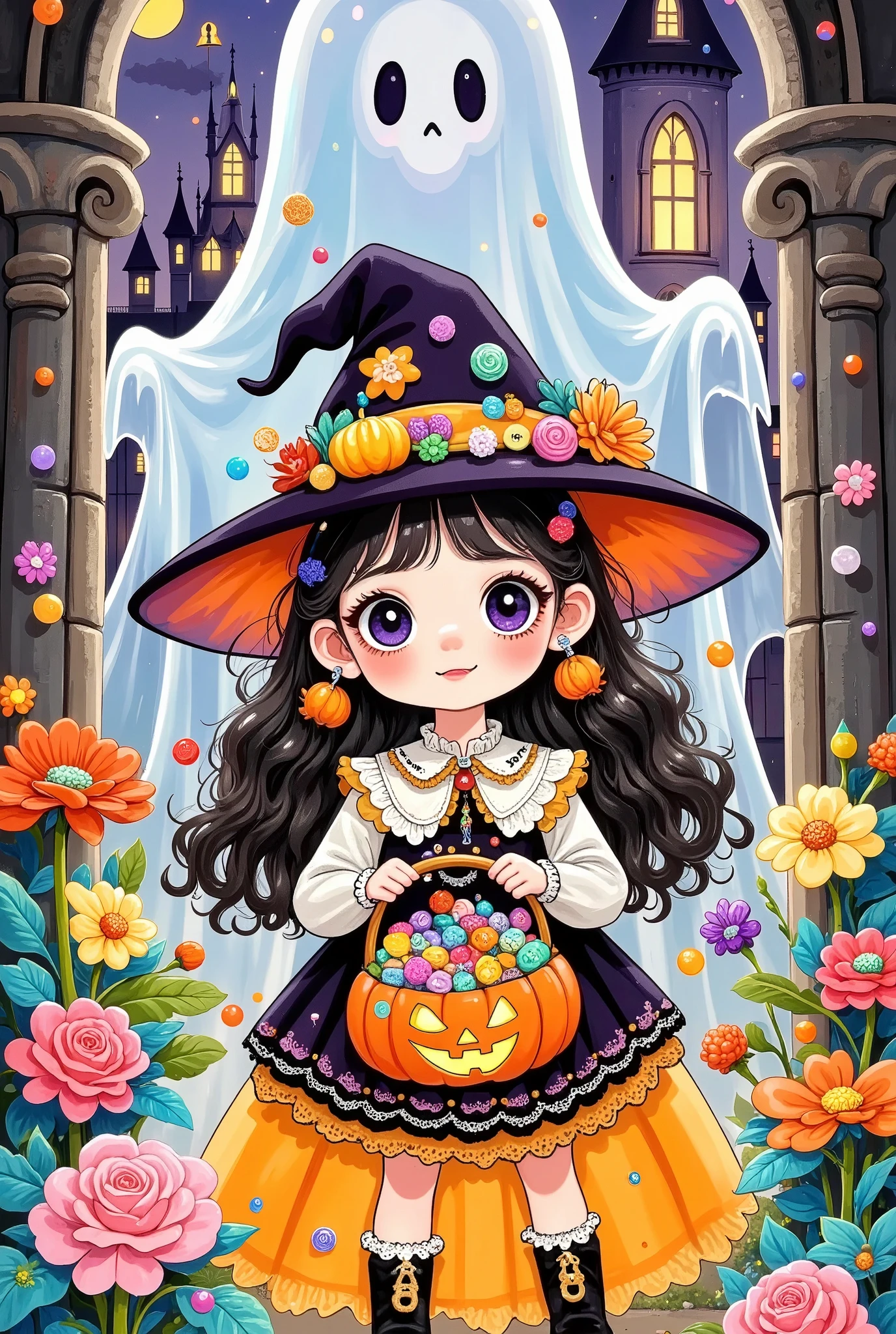  title, " Scary Cute Halloween!Halloween art style，Halloween theme，cartoon anime illustration：Kid dressed as a witch ， holding a pumpkin basket full of candy，Cute expression，Trick or Treat。Castle Background，A huge ghost