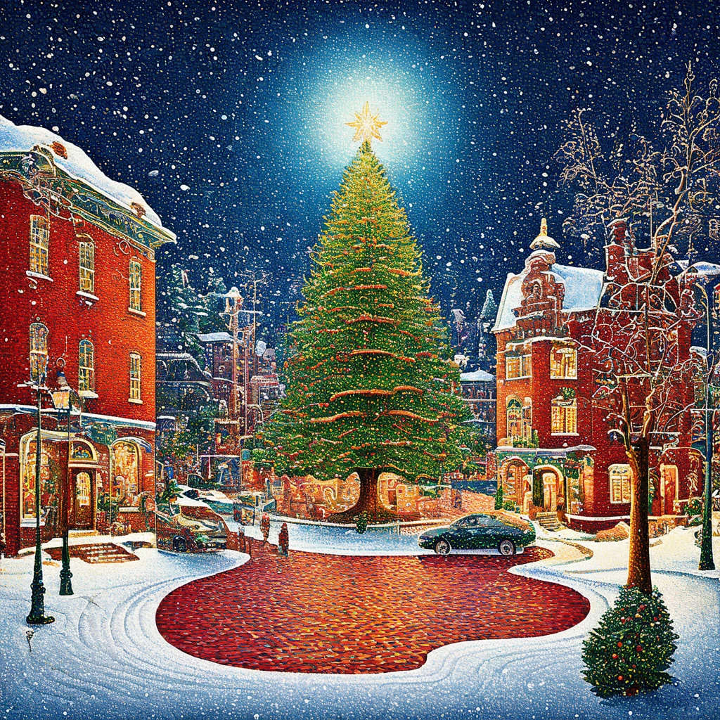 (((super fine Printing art illustration, masterpiece, ultra detailed, ultra high res, 16k)))
A large Christmas tree stands in the center of a street lined with red brick buildings. The branches and leaves of the tree are depicted with intricate textures and material expressions, emphasizing gloss and three-dimensionality. Snow falls delicately like pointillism, with crystal patterns, floating in a dreamy winter night sky. The overall color scheme is based on dark blue, contrasting with the deep, vibrant red of the red brick streets and the tree's decorations. In the background, the soft glow of city lights is visible.
