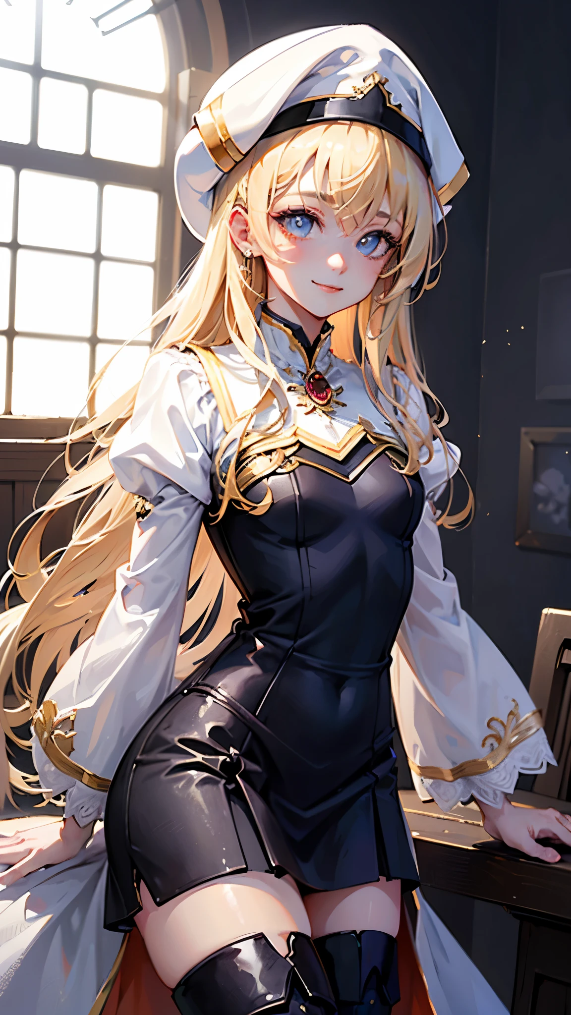 aapri, long hair, white headwear, small breasts, white dress, puffy sleeves, long sleeves, pelvic curtain, thighhighs, thigh boots,blonde hair,slender,smile,pray,masterpiece,Noise Reduction,perfect anatomy,high resolution, ultra-detailed, ultra-detailed face,game cg,dutch angle ,beautiful detailed eyes,visualart,five fingers, perfect hands, perfect lighting, sparkling pupils,