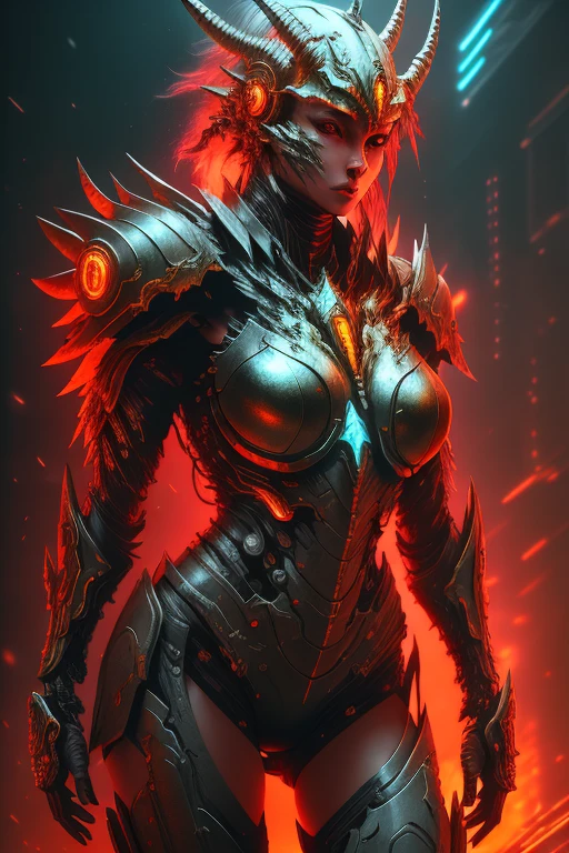 [SH4G0D:1], a beautiful cyborg warrior girl cyberpunk sensual vampiric beautiful body beautiful face in big breasts bionic legs bionic arms armor in an intricate futuristic cyberpunk city ultra detailed 8k extremely realistic[cabelo fluorescente:1]