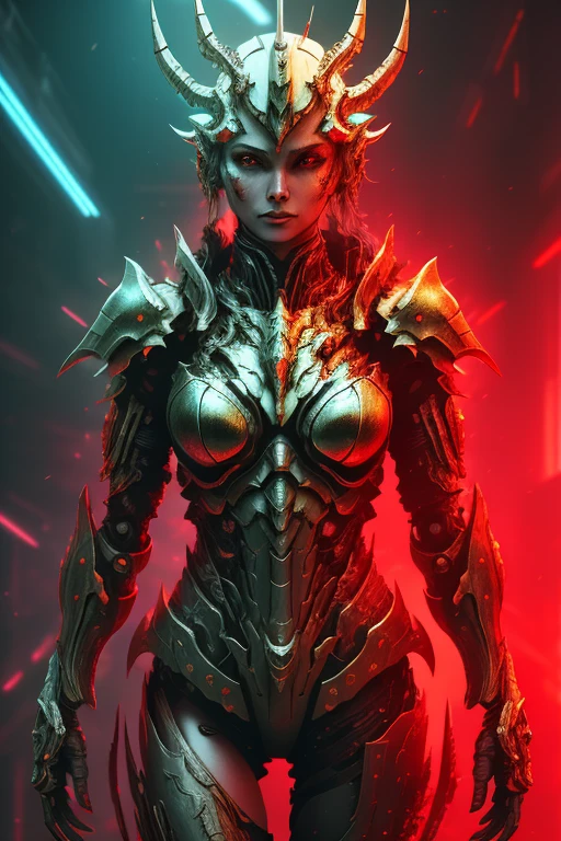 [SH4G0D:1], a beautiful cyborg warrior girl cyberpunk sensual vampiric beautiful body beautiful face in big breasts bionic legs bionic arms armor in an intricate futuristic cyberpunk city ultra detailed 8k extremely realistic[cabelo fluorescente:1]