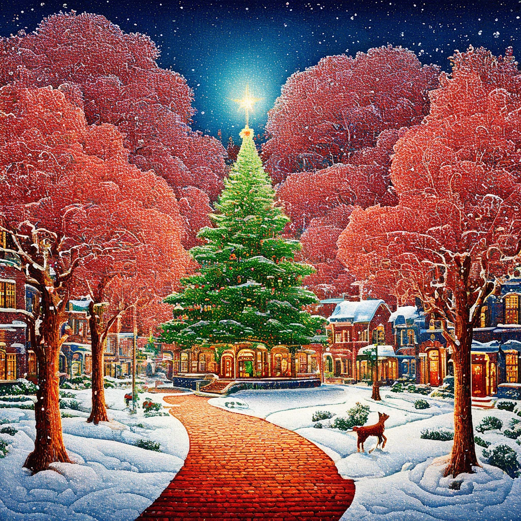 (((super fine Printing art illustration, masterpiece, ultra detailed, ultra high res, 16k)))
A large Christmas tree stands in the center of a street lined with red brick buildings. The branches and leaves of the tree are depicted with intricate textures and material expressions, emphasizing gloss and three-dimensionality. Snow falls delicately like pointillism, with crystal patterns, floating in a dreamy winter night sky. The overall color scheme is based on dark blue, contrasting with the deep, vibrant red of the red brick streets and the tree's decorations. In the background, the soft glow of city lights is visible.
