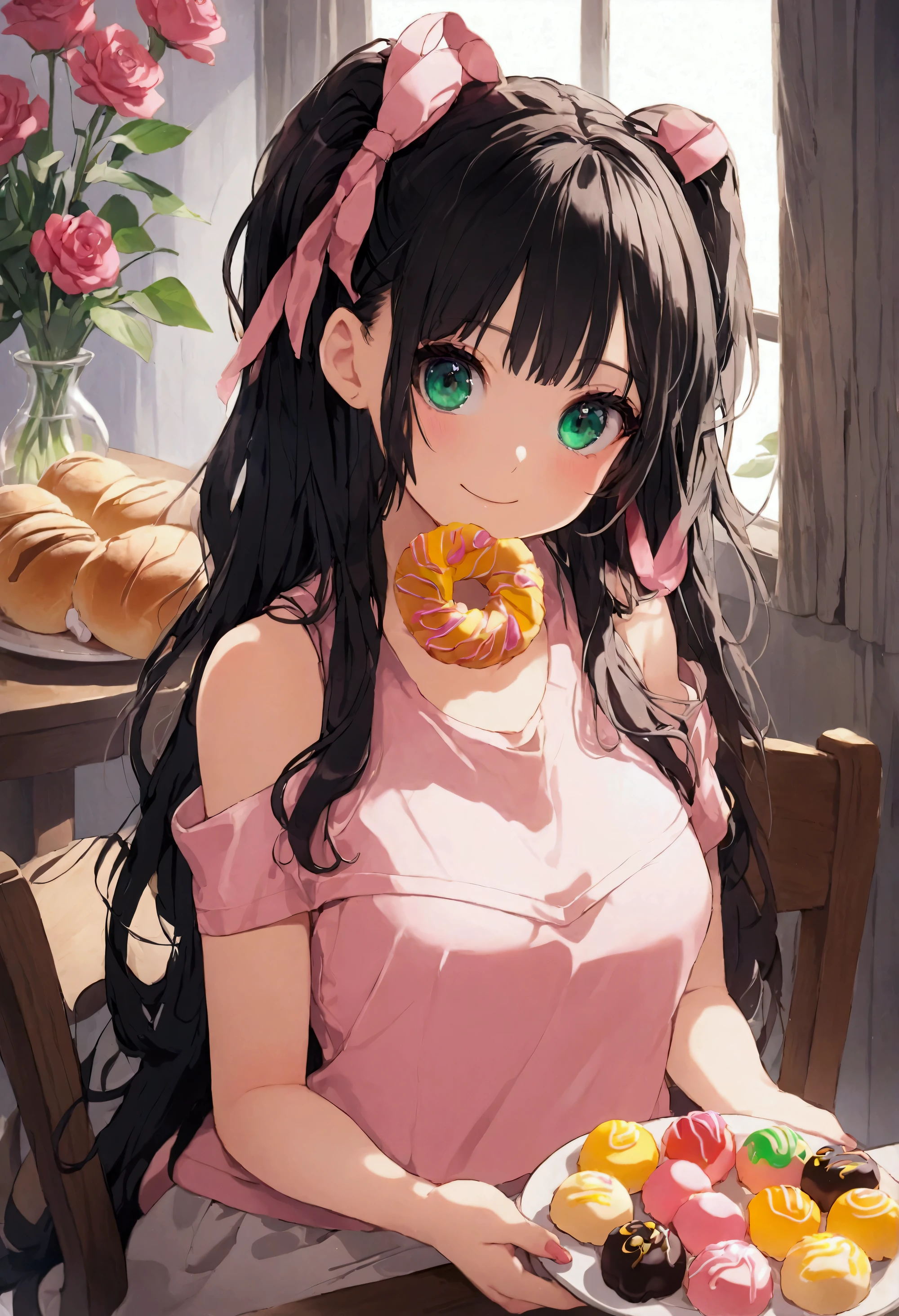 Best Quality,8k,masterpiece:1.3, holding bread with both hands ,Human Girl,1 person,1 person,Petite, Glamorous Bodies,Curvy,cute, deliciously looking bad 々 smiling expression cheeking on good-colored sweets ,Beautiful long black hair, beautiful emerald green eyes , pastel pink top and bottom jerseys ,White socks, sitting on a chair facing the table , lots of disasters on the table 々 there is a plate with good-colored sweets on it,Evil on both hands 々Holding good-colored sweets ,