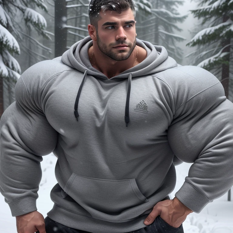 a very handsome and muscular man, spectacular and thick hair, wearing a gray sweatshirt, in a snowy forest, snowing covered in snow, seen up close, bara