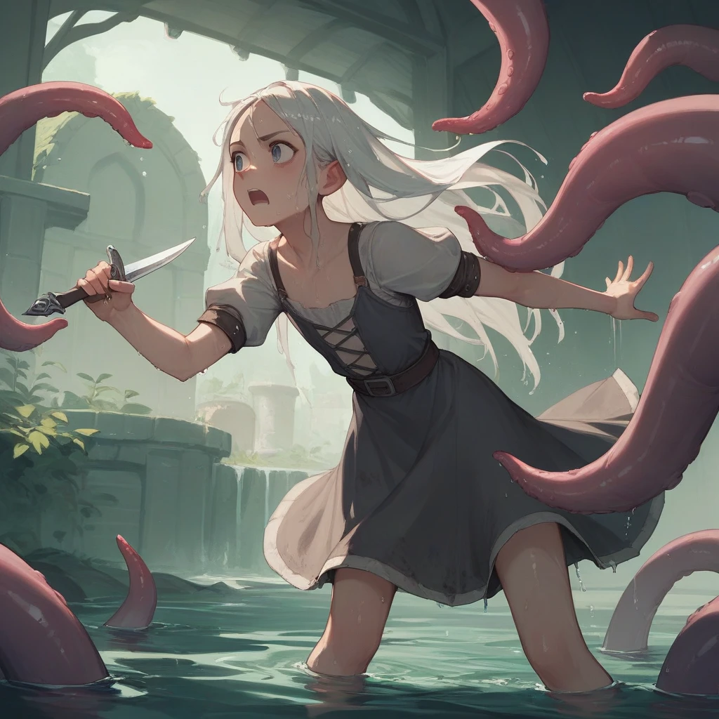 最high quality, high quality, Long Hair, wet hair, flat chest, Dark underground labyrinth, No light,  Medieval Dress ,  Equipped with a dagger and a shield,  tentacles are dragging my legs ,Being dragged into the water,Rampage,