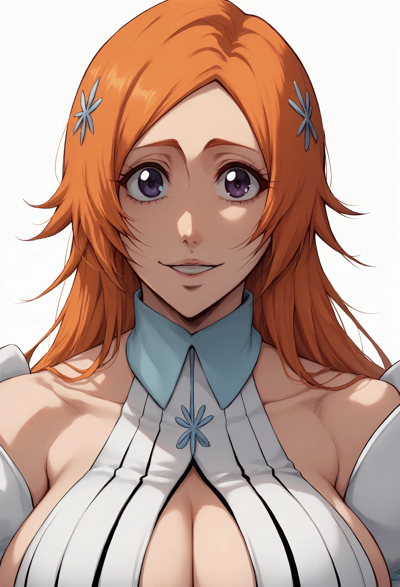 portrait, solo focus, solo, close-up, (white background, plain background, simple background:1.3), looking at viewer, (parted lips:1.2), 
:1.2)
eft_bleach_orihime, orihime the thousand year blood war arc, 1girl, inoue orihime, solo, long hair, orange hair, grey purple eyes, white dress bleach, huge breasts, detached sleeves, hair ornament, large breasts, white dress, the thousand year blood war outfit orihime, bare shoulders, hairclip, purple eyes, smile, happy, from front,