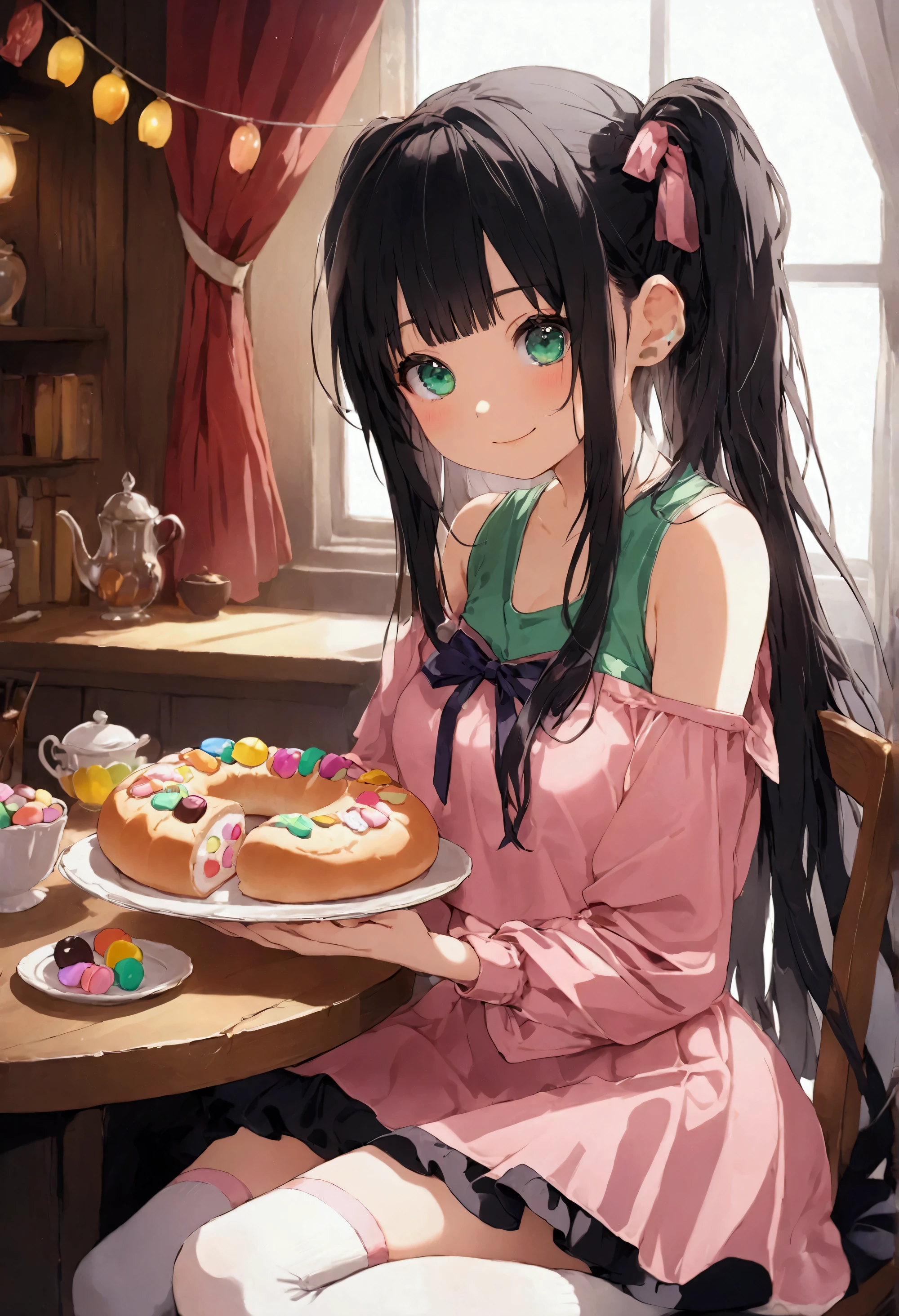 Best Quality,8k,masterpiece:1.3, holding bread with both hands ,Human Girl,1 person,1 person,Petite, Glamorous Bodies,Curvy,cute, deliciously looking bad 々 smiling expression cheeking on good-colored sweets ,Beautiful long black hair, beautiful emerald green eyes , pastel pink top and bottom jerseys ,White socks, sitting on a chair facing the table , lots of disasters on the table 々 there is a plate with good-colored sweets on it,Evil on both hands 々Holding good-colored sweets ,