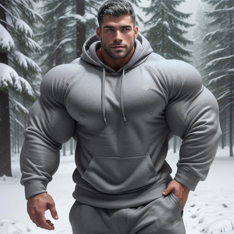 a very handsome and muscular man, wearing a gray sweatshirt, in a snowy forest, snowing covered in snow, seen up close, bara