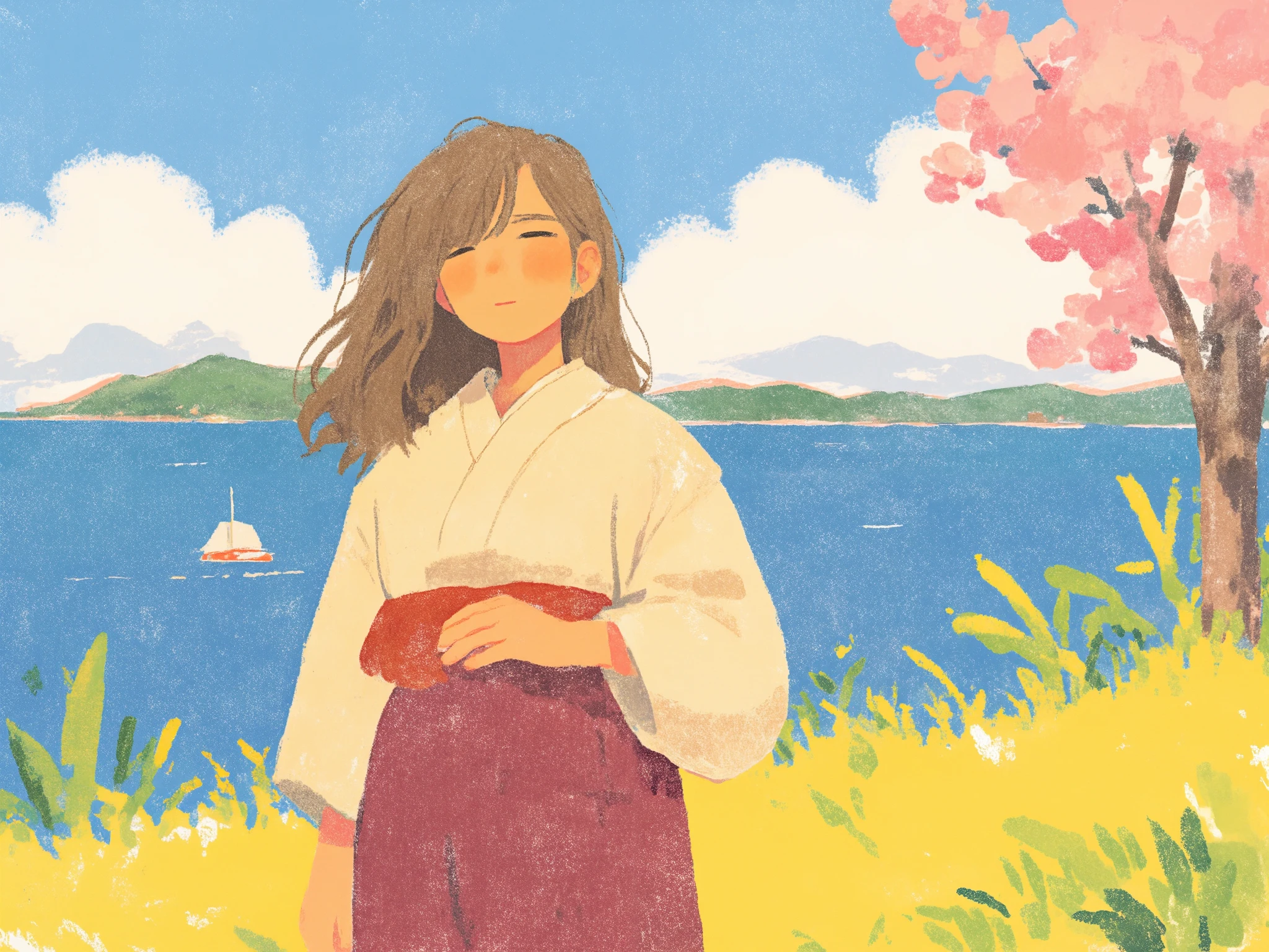 a crayon illustration of (japanese peasant woman:1.2), portrait, pretty, beautiful, adorable, lovely, japanese landscape, Oxblood Red short yukata, (very detailed), sakura trees, boats, best quality, realistic, sharp focus, sunny sky, natural light, backlight, shadows,