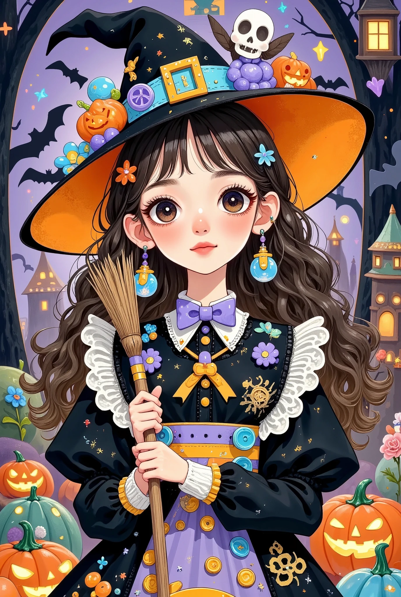 一个穿着服装的人的特写,With a broom in his hand, witch girl, witchcore clothes, Trick or Treat, Halloween theme, Halloween style, witch clothes, Halloween art style, mechanized witch girl, a witch, witch fairytale, classical witch, scarry but bewitching, witch, witchy, bright witch, portrait of a young witch girl