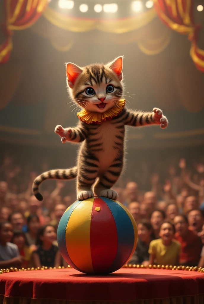  The cutest brown tiger pattern kitten in the world dressed as a clown is riding a ball、Popular circus 、A large audience、Applause、Realistic、 dynamic poses