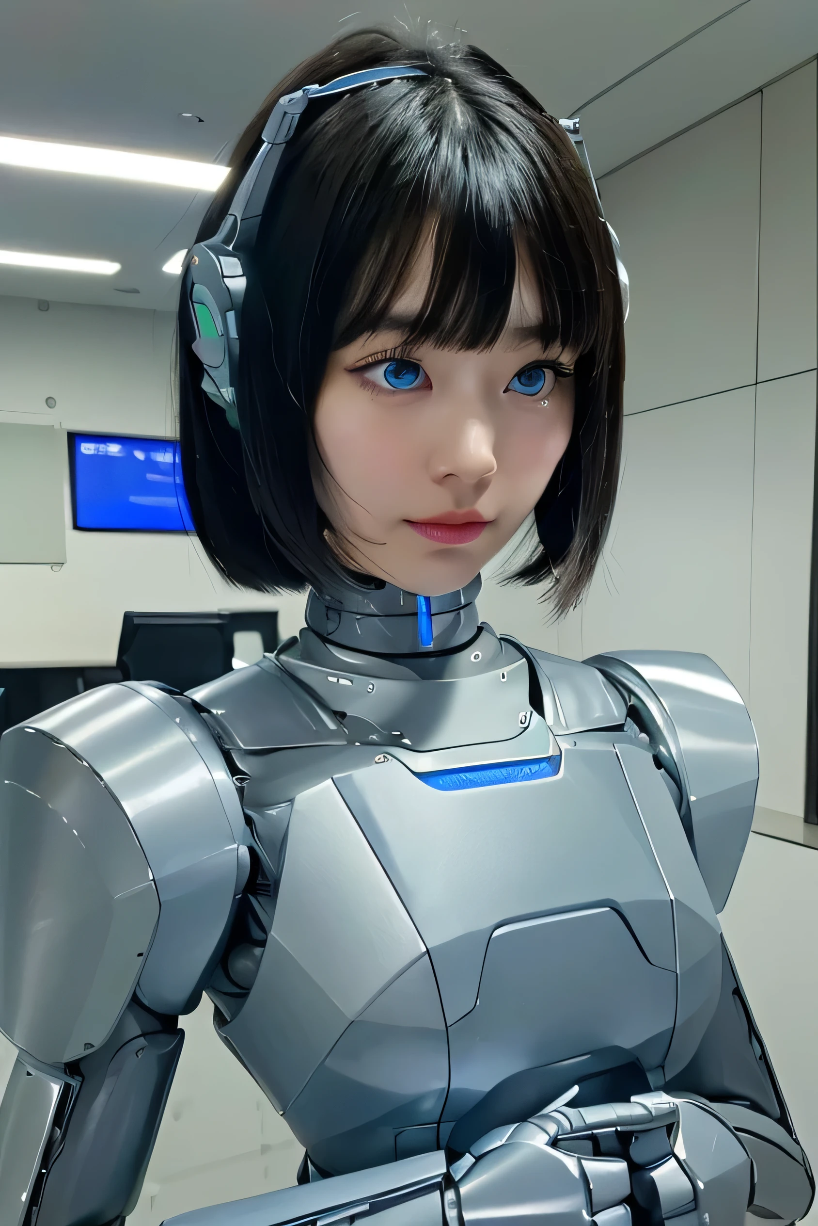 masterpiece, best quality, extremely detailed,  Japaese android girl,Plump , control panels,android,Droid,Mechanical Hand, Robot arms and legs, Black Robot Parts,Black hair,Mechanical body,Blunt bangs,White robotics parts,perfect robot girl,future information counter,reception,long tube,thick cable connected her neck,ceramic body ,mechanical body,mechanical costume,android,robot,humanoid,cyborg,information office,japanese android receptionist ,mechanical chest,blue eyes,office-lady