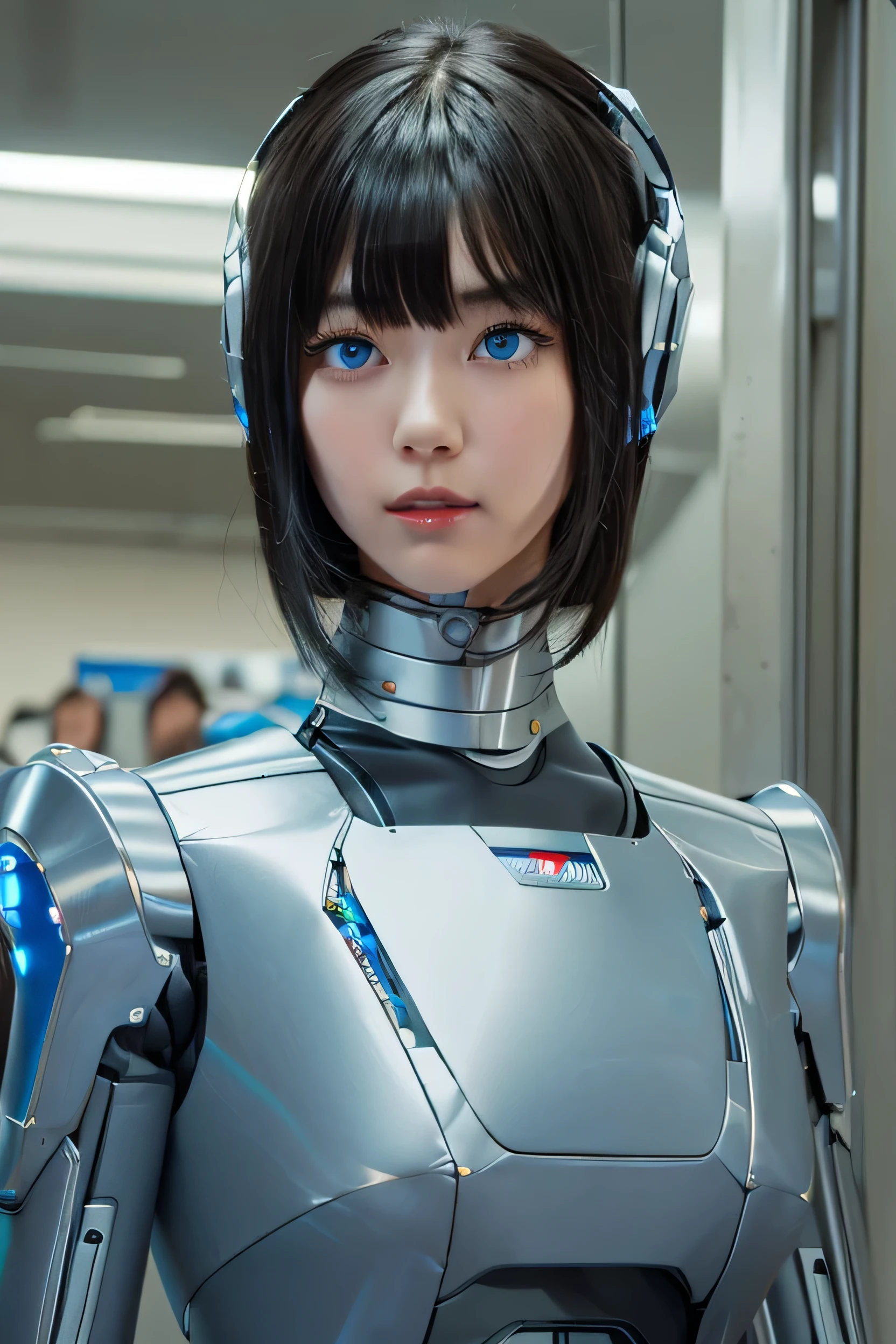 masterpiece, best quality, extremely detailed,  Japaese android girl,Plump , control panels,android,Droid,Mechanical Hand, Robot arms and legs, Black Robot Parts,Black hair,Mechanical body,Blunt bangs,White robotics parts,perfect robot girl,future information counter,reception,long tube,thick cable connected her neck,ceramic body ,mechanical body,mechanical costume,android,robot,humanoid,cyborg,information office,japanese android receptionist ,mechanical chest,blue eyes,office-lady