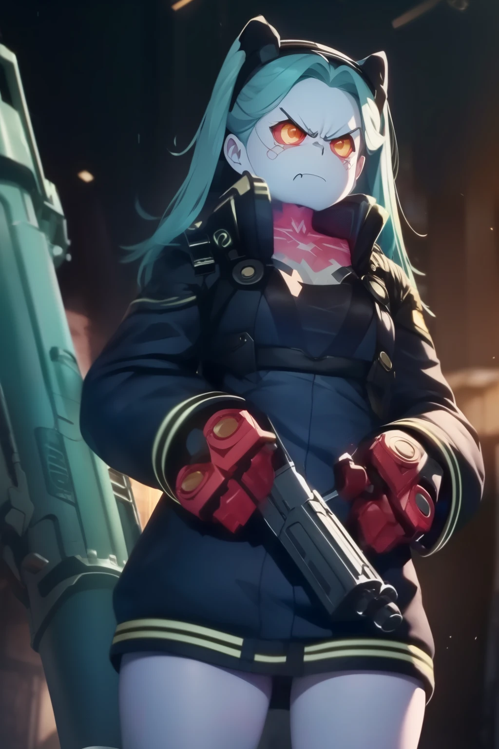 Rebecca, 1girl, (((Showing hands, holding a big Gun, angry face ))). Detailed, best quality, 4K.