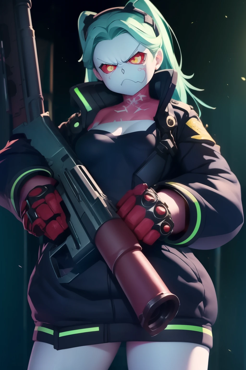 Rebecca, 1girl, (((Showing hands, holding a big Gun, angry face ))). Detailed, best quality, 4K.