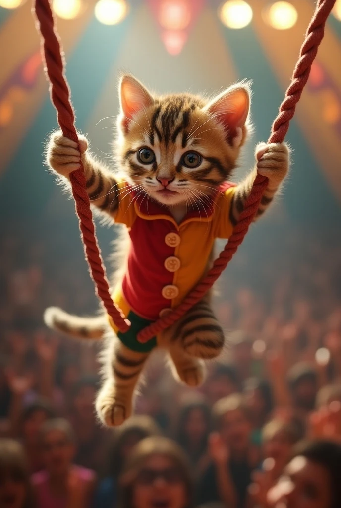 The cutest brown tiger pattern kitten in the world dressed as a clown is on the trapeze、Popular circus 、A large audience、Applause、Realistic、 dynamic poses