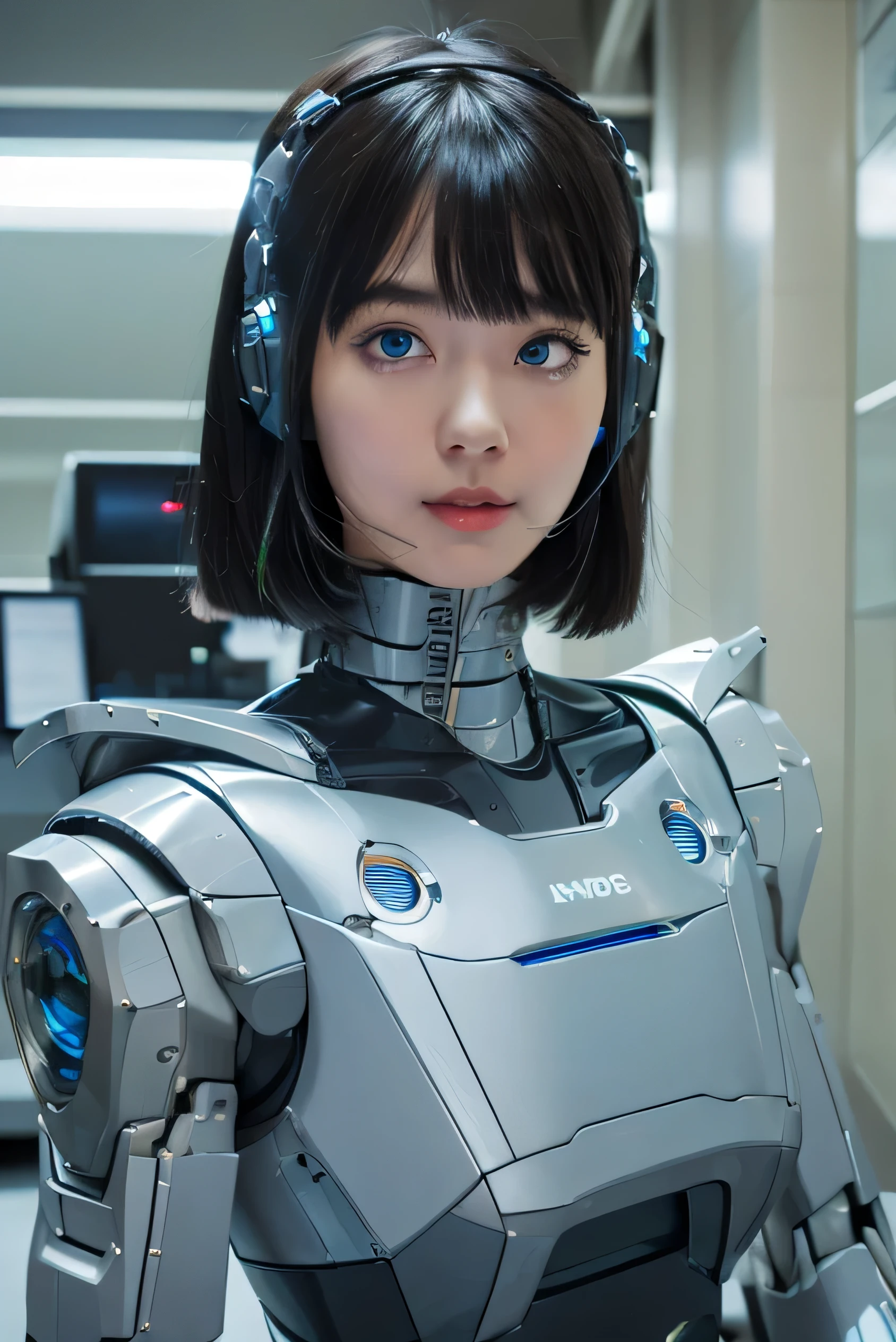 masterpiece, best quality, extremely detailed,  Japaese android girl,Plump , control panels,android,Droid,Mechanical Hand, Robot arms and legs, Black Robot Parts,Black hair,Mechanical body,Blunt bangs,White robotics parts,perfect robot girl,future information counter,reception,long tube,thick cable connected her neck,ceramic body ,mechanical body,mechanical costume,android,robot,humanoid,cyborg,information office,japanese android receptionist ,mechanical chest,blue eyes,office-lady