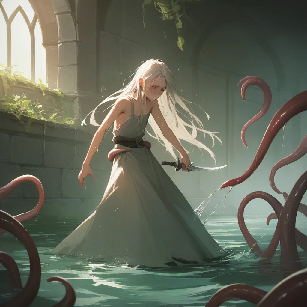 最high quality, high quality, Long Hair, wet hair, flat chest, Dark underground labyrinth, No light, Tentacles inside a medieval long dress,  Equipped with a dagger and a shield, Tentacles are dragging my legs ,Being dragged into the water,Rampage,