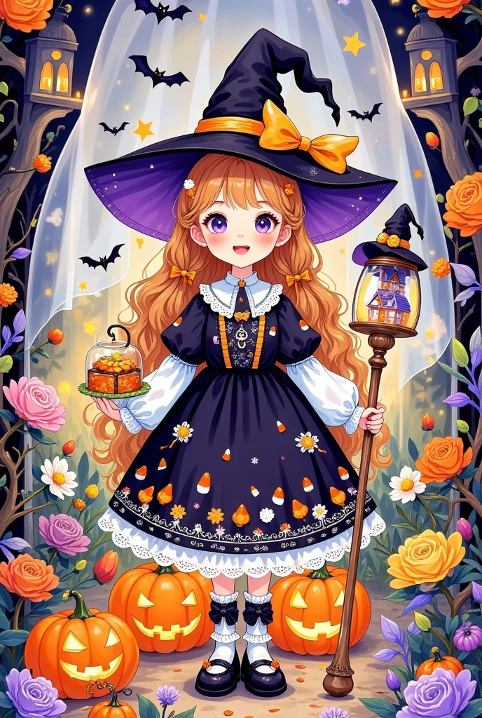 Cute cartoon AF , Cute cartoon,  a masterpiece with a maximum 16K resolution , high quality, ( a big sticker ) Modern fridge, designed as a whimsical Candy Corn Witch dressed in an outfit with candy corn and a holding a magical staff,  Surrounded by miniature bizarre elements ， such as corn sugar houses and scary cute creatures ,  The overall design makes people feel awestruck , magic,  and a Halloween miracle  .