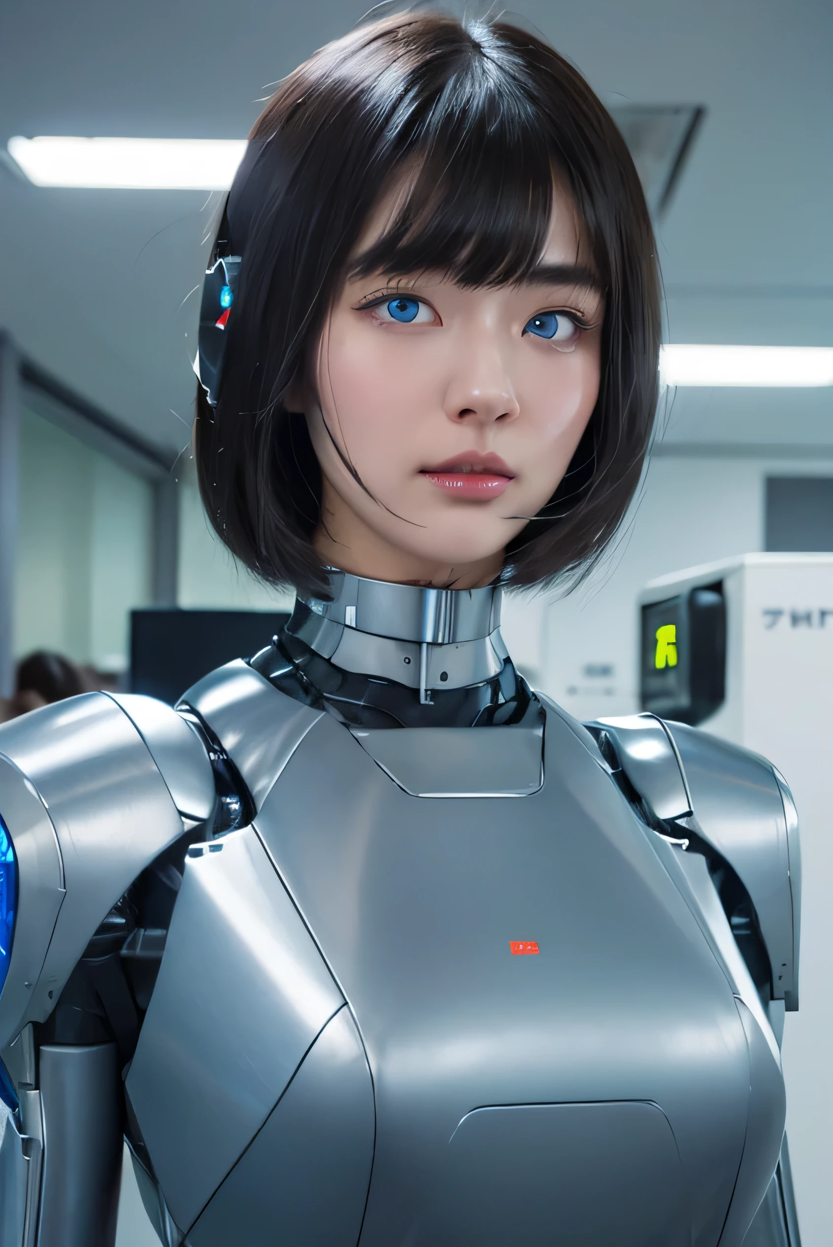 masterpiece, best quality, extremely detailed,  Japaese android girl,Plump , control panels,android,Droid,Mechanical Hand, Robot arms and legs, Black Robot Parts,Black hair,Mechanical body,Blunt bangs,White robotics parts,perfect robot girl,future information counter,reception,long tube,thick cable connected her neck,ceramic body ,mechanical body,mechanical costume,android,robot,humanoid,cyborg,information office,japanese android receptionist ,mechanical chest,blue eyes,office-lady