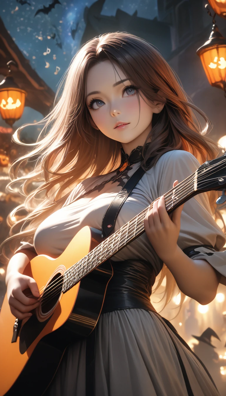 a highly detailed and well-rendered portrait of a beautiful, busty young female mage with an anime-inspired aesthetic, playing a guitar in a fantastical Halloween-themed festival setting, surrounded by glowing musical notes and a mystical night sky, masterpiece, photorealistic, 8k, hyperdetailed, volumetric lighting, vibrant colors, cinematic composition, elegant, graceful, serene, ethereal