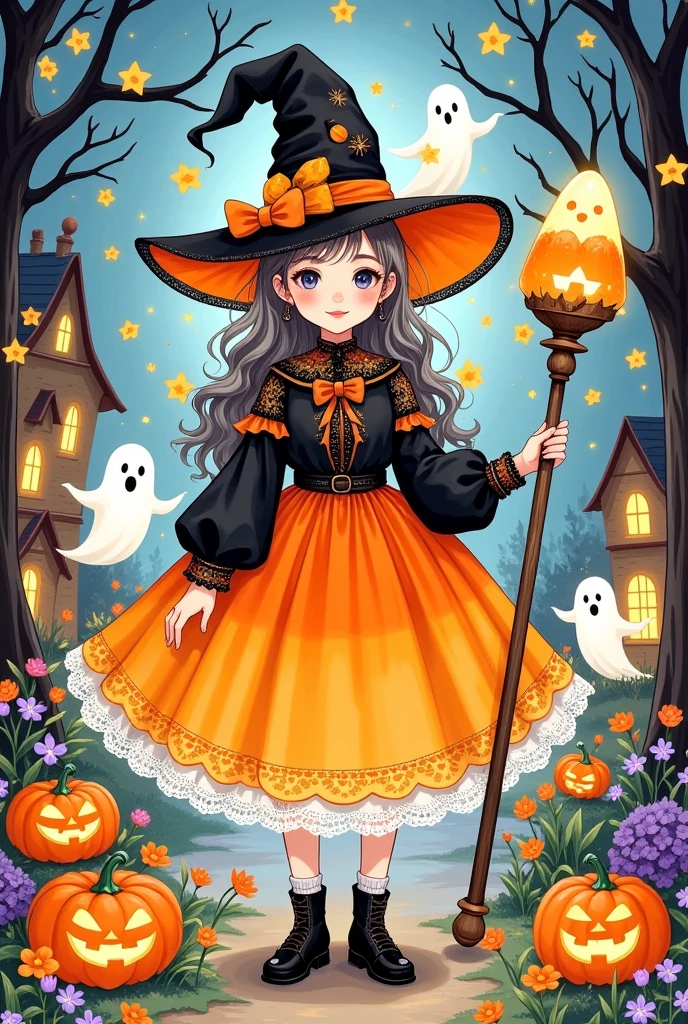 Cute cartoon AF , Cute cartoon,  a masterpiece with a maximum 16K resolution , high quality, ( a big sticker ) Modern fridge, designed as a whimsical Candy Corn Witch dressed in an outfit with candy corn and a holding a magical staff, There are ghosts all around， such as corn sugar houses and scary cute creatures ,  The overall design makes people feel awestruck , magic,  and a Halloween miracle  .