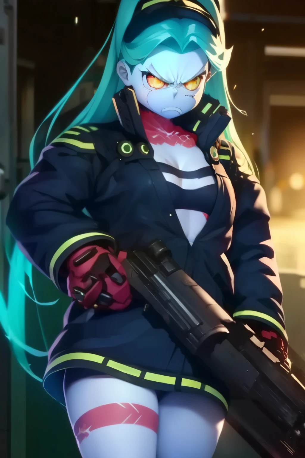 Rebecca, 1girl, (((Showing hands, holding a big Gun, angry face ))). Detailed, best quality, 4K.