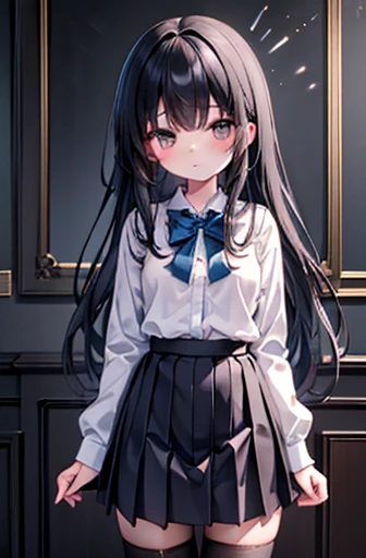 General: A solo figure of a girl ,flat chest,flat chest,flat chest,flat chest,flat chest,flat chest,flat chest ,small breasts , dressed in a delicate school uniform with a pleated skirt and a blouse, tucked in with a bowtie and a bow on the chest, looking directly at the viewer, her black hair cascading down in soft waves, framing her face with bangs. Her thighs are covered by black thigh-highs with lace trim, peeking out from under the short skirt. She wears string panties and has a blush on her cheeks. Sensitive: This masterpiece painting portrays a tender moment of,大きい胸、