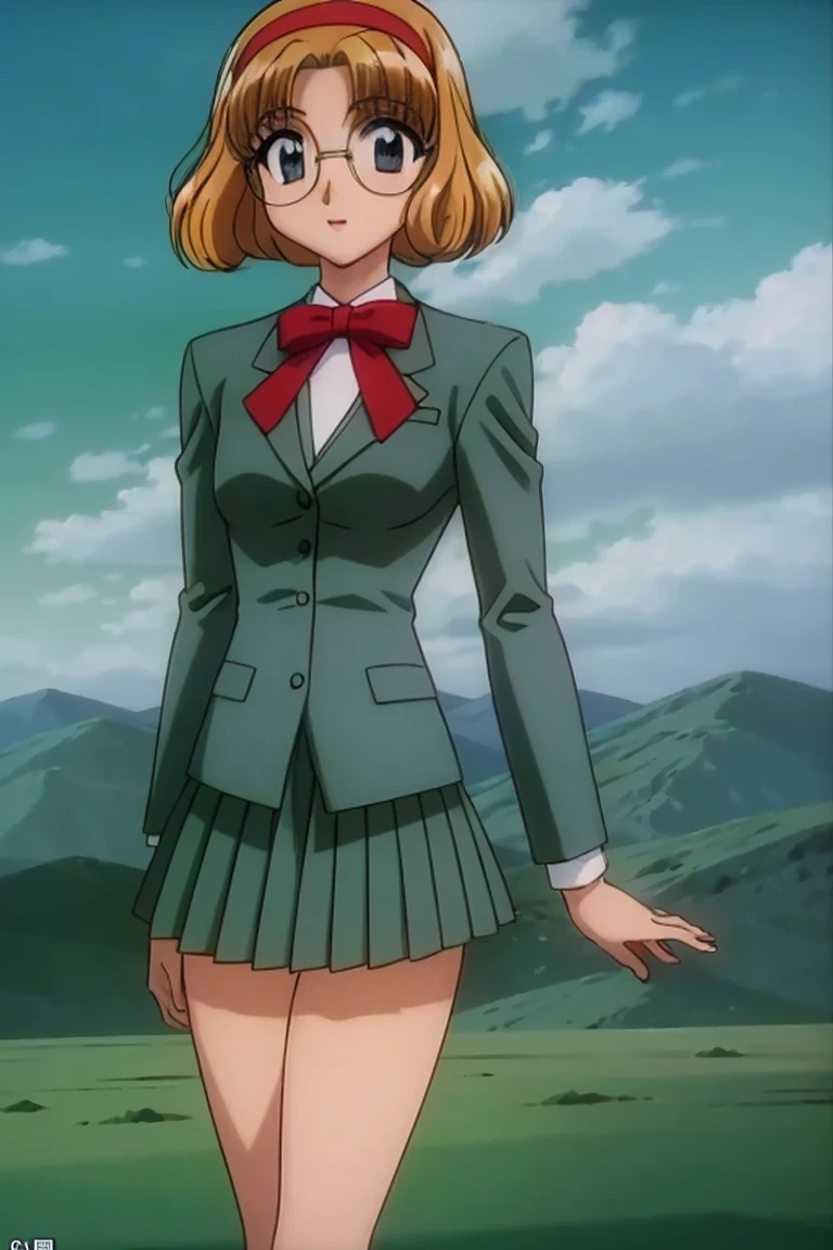 (masterpiece,highest quality,Super detailed,8k,High resolution,an extremely delicate and beautiful,Official Art,Perfect Anatomy:1.5),((90s anime,90s anime style,Cel-shaded anime,anime screencap,anime coloring:1.25)),(solo:1.5), perfect face,beautiful,sexy,athletic body,shiny skin,((fuu hououji:1.52)),short hair,light brown hair,Medium bob,Glasses,((red hairband)),Red Thin Ribbon Tie,Green blazer and pleated skirt,((bust:1.17))