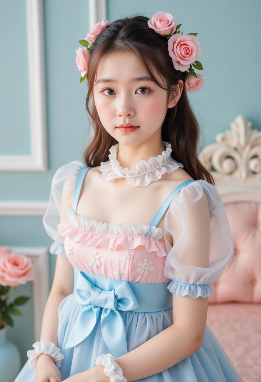 ( highest quality、masterpiece、8K、 best image quality 、 surrealism 、Award-winning works)、-yeld Loy beautiful girl、( alone:1.1)、(1 photo:1.1)、(Lovely, Girlish feeling, Light pink and light blue transparent lolita dress:1.2)、(Cute Girlish feeling big ribbon:1.1)、(Cute luxurious hair accessories:1.1)、(Perfect lolita dress with attention to detail:1.2)、(A Lovely dress with frills and ribbons:1.1)、(Lovely lolita dress with lace decorations:1.1)、(Cute Girlish feeling lolita wavy hair:1.1)、(Low length:1.1)、(height: 140cm:1.1)、( Very large breasts :1.5)、(Attractive figure:1.5)、(Big :1.5)、(Pink Rose:1.1)、(Lovely heart symbol:1.1)、Cute with lots of decorations、(Big Lovely ribbon:1.1)、Highlight your body lines、Slender body、Standing gracefully、(Pastel color Girlish feeling and luxurious lolita room background:1.1)、(Fairytale lolita room with attention to detail:1.1)、(Lovely light blue decorative wall:1.2)、(Lovely room with a Girlish feeling atmosphere in pastel colors:1.1)、(Lovely room with very bright and shiny pastel colors:1.4)、(Very bright and shiny room:1.2)、(Full of pastel tones:1.2)、(Very bright and vivid:1.4)、(Lovely pastel color wall decoration:1.2)、 blurry background 、Standing gracefully Girl、 accurate anatomy 、Perfect makeup、 Long Lashes、 Shiny Lips 、 Ultra HD亮泽肌肤、( Ultra HD, Bright skin:1.2)、(Super bright and radiant skin:1.2)、 Ultra HD glossy lips、 Ultra HD beautiful teeth、Light brown and blonde hair、Brown eyes