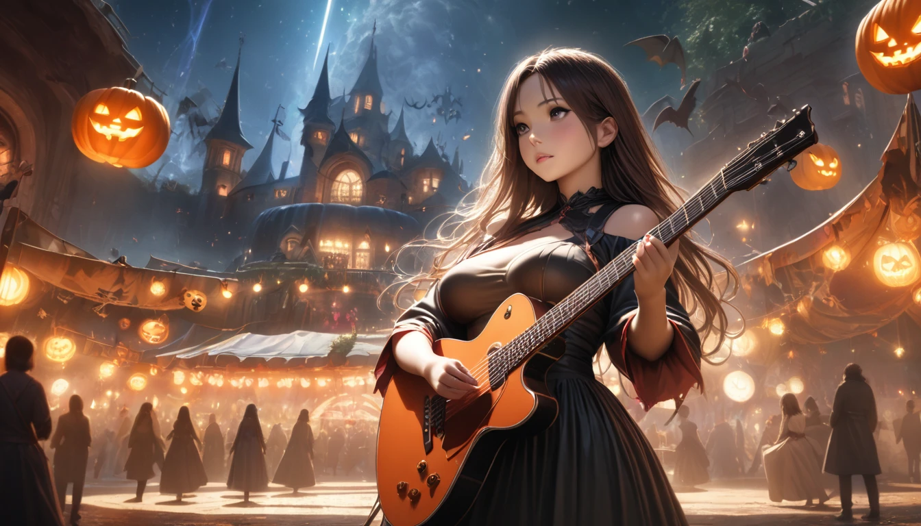 a highly detailed and well-rendered portrait of a beautiful, busty young female mage with an anime-inspired aesthetic, playing a guitar in a fantastical Halloween-themed festival setting, surrounded by glowing musical notes and a mystical night sky, masterpiece, photorealistic, 8k, hyperdetailed, volumetric lighting, vibrant colors, cinematic composition, elegant, graceful, serene, ethereal