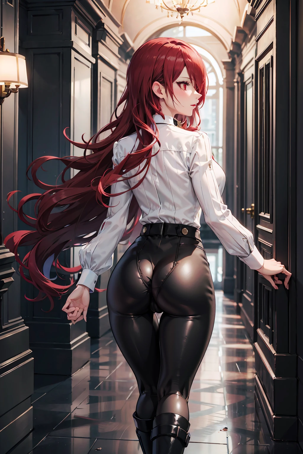   The best quality , ( masterpiece :1.3),  movie lighting , ultra-detail, (highres:1.1), mitsuru kirijou, ( vagina), standing,  seen from behind , perfect ass,  to the spectator, long dark red hair, ( hair covering a right eye ),  detailed eyes , red eyes,  Big breasts, choker:1.6, red bow on the chest , ((White buttoned shirt)), (Black shiny leggings), (black boots), elegant room, mansion, night