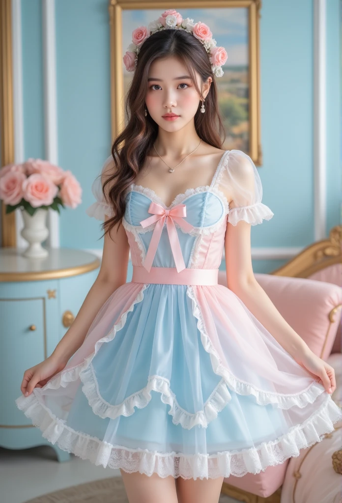 ( highest quality、masterpiece、8K、 best image quality 、 surrealism 、Award-winning works)、15-year-old Lovely beautiful girl、( alone:1.1)、(1 photo:1.1)、(Lovely, Girlish feeling, Light pink and light blue transparent lolita dress:1.2)、(Cute Girlish feeling big ribbon:1.1)、(Cute luxurious hair accessories:1.1)、(Perfect lolita dress with attention to detail:1.2)、(A Lovely dress with frills and ribbons:1.1)、(Lovely lolita dress with lace decorations:1.1)、(Cute Girlish feeling lolita wavy hair:1.1)、(Low length:1.1)、(height: 140cm:1.1)、( Very large breasts :1.5)、(Attractive figure:1.5)、(Big :1.5)、(Pink Rose:1.1)、(Lovely heart symbol:1.1)、Cute with lots of decorations、(Big Lovely ribbon:1.1)、Highlight your body lines、Slender body、Standing gracefully、(Pastel color Girlish feeling and luxurious lolita room background:1.1)、(Fairytale lolita room with attention to detail:1.1)、(Lovely light blue decorative wall:1.2)、(Lovely room with a Girlish feeling atmosphere in pastel colors:1.1)、(Lovely room with very bright and shiny pastel colors:1.4)、(Very bright and shiny room:1.2)、(Full of pastel tones:1.2)、(Very bright and vivid:1.4)、(Lovely pastel color wall decoration:1.2)、 blurry background 、Standing gracefully Girl、 accurate anatomy 、Perfect makeup、 Long Lashes、 Shiny Lips 、 Ultra HD亮泽肌肤、( Ultra HD, Bright skin:1.2)、(Super bright and radiant skin:1.2)、 Ultra HD glossy lips、 Ultra HD beautiful teeth、Light brown and blonde hair、Brown eyes