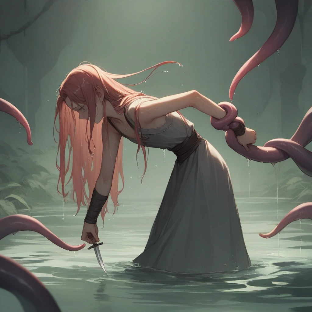 最high quality, high quality, Long Hair, wet hair, flat chest, Dark underground labyrinth, No light, Tentacles inside a medieval long dress,  Equipped with a dagger and a shield, tentacles go inside the dress  ,Being dragged into the water,Rampage,