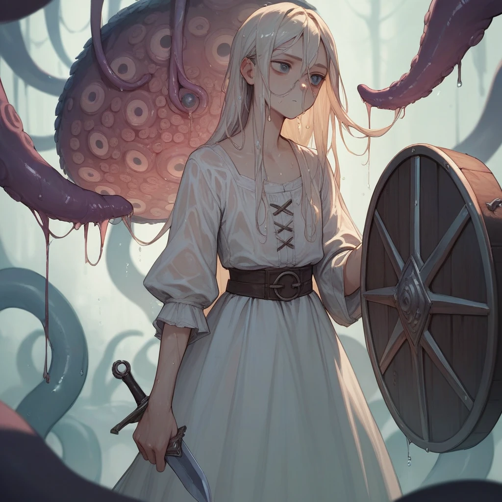 最high quality, high quality, Long Hair, wet hair, flat chest, Dark underground labyrinth, No light, Tentacles inside a medieval long dress,  Equipped with a dagger and a shield, tentacles go inside the dress  ,Hold down the skirt,