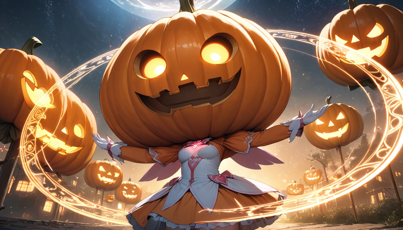 A highly detailed, beautiful magical girl with an extremely large chest, a Halloween pumpkin mascot character, a familiar, a glowing magic circle, magic light enveloping her entire body, a beautiful starry sky with a view of the Earth, cinematic lighting and a joyful atmosphere, 16K wallpaper quality