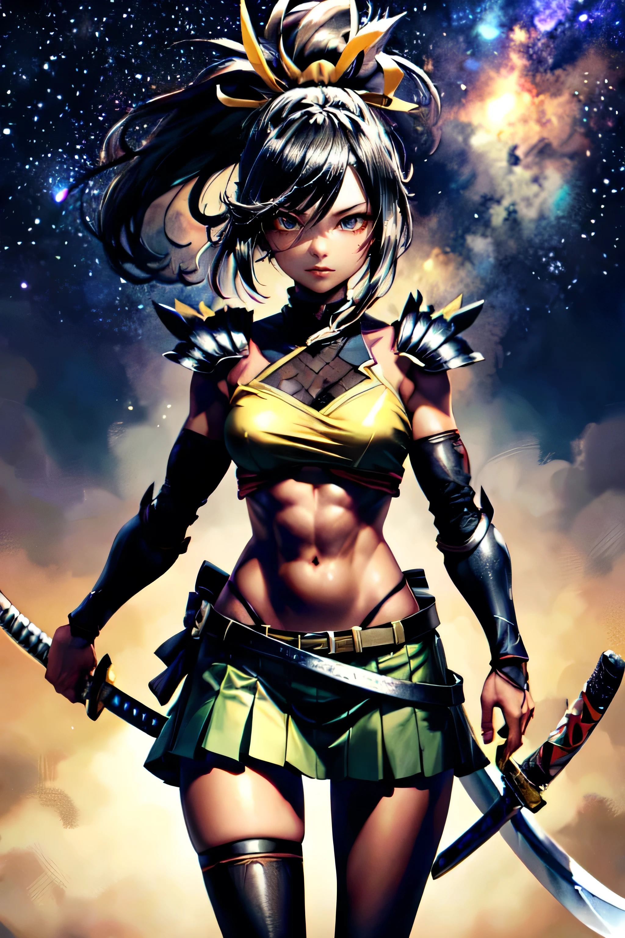 One girl, samurai,Slashing enemies with a Japanese sword,A master sword fighter who fights while being surrounded by enemies,anime,Anatomically correct, A series of character actions,ponytail, masterpiece, Textured skin, Action Painting, Heavy makeup, Brown Skin,Perfect Face,Perfect Eyes, very small breasts ,Very thin legs,Trained abdominal muscles,chest armor , long skirt,alone, accurate,  anatomically correct , Starry Sky,