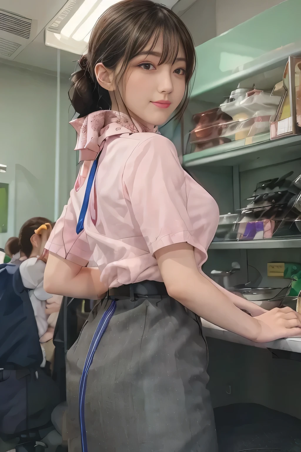 (masterpiece:1.2, Best Quality:1.2), 32K HDR,  Kampala, (Alone、 1 girl)、（on board、 Professional Lighting）、In-flight background、（ANA cabincrew uniform pinkを着たリアルスタイル）、（（ANA cabincrew uniform pink short sleeve blouse 、 ANA cabincrew uniform pink skirt with blue line on the back、Scarf around the neck））、Dark brown hair、（ long hair、Hair tied up、 summary hair ）、Dark brown hair、 LONG SHOT 、Big Breasts、Thin legs、（（Great hands：2.0）），（（ Harmonious Body Proportions：1.5）），（（Normal limbs：2.0）），（（Normal finger：2.0）），（（Delicate eyes：2.0）），（（Normal eyes：2.0））)、smile、（ANA cabincrew uniform pinkを見せた美しい後ろ姿）、Hands clasped underneath