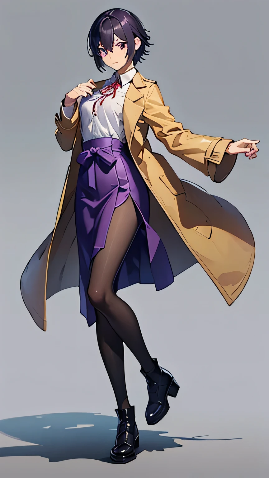 {best quality, masterpiece, high resolution}, solo, {{full body:0.7}}, black hair, hair between eyes, Red ribbon at chest, short hair, black_hair, purple_eyes, hair_between_eyes, chest, black_hair, short_hair, one_woman, looking_at_viewer, ochre_coat, coat, bangs, white_shirt, red_ribbon, {hakama_skirt, slit}, black_pantyhose, short_boots, {white_background:0.8}, closed_mouth