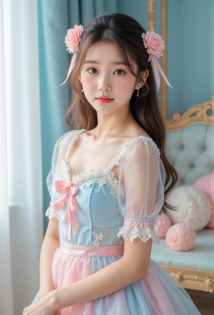 ( highest quality、masterpiece、8K、 best image quality 、 surrealism 、Award-winning works)、15-year-old Lovely beautiful girl、( alone:1.1)、(1 photo:1.1)、(Lovely, Girlish feeling, Light pink and light blue transparent lolita dress:1.2)、(Cute Girlish feeling big ribbon:1.1)、(Cute luxurious hair accessories:1.1)、(Perfect lolita dress with attention to detail:1.2)、(A Lovely dress with frills and ribbons:1.1)、(Lovely lolita dress with lace decorations:1.1)、(Cute Girlish feeling lolita wavy hair:1.1)、(Low length:1.1)、(height: 140cm:1.1)、( Very large breasts :1.5)、(Attractive figure:1.5)、(Big :1.5)、(Pink Rose:1.1)、(Lovely heart symbol:1.1)、Cute with lots of decorations、(Big Lovely ribbon:1.1)、Highlight your body lines、Slender body、Standing gracefully、(Pastel color Girlish feeling and luxurious lolita room background:1.1)、(Fairytale lolita room with attention to detail:1.1)、(Lovely light blue decorative wall:1.2)、(Lovely room with a Girlish feeling atmosphere in pastel colors:1.1)、(Lovely room with very bright and shiny pastel colors:1.4)、(Very bright and shiny room:1.2)、(Full of pastel tones:1.2)、(Very bright and vivid:1.4)、(Lovely pastel color wall decoration:1.2)、 blurry background 、Standing gracefully Girl、 accurate anatomy 、Perfect makeup、 Long Lashes、 Shiny Lips 、 Ultra HD亮泽肌肤、( Ultra HD, Bright skin:1.2)、(Super bright and radiant skin:1.2)、 Ultra HD glossy lips、 Ultra HD beautiful teeth、Light brown and blonde hair、Brown eyes