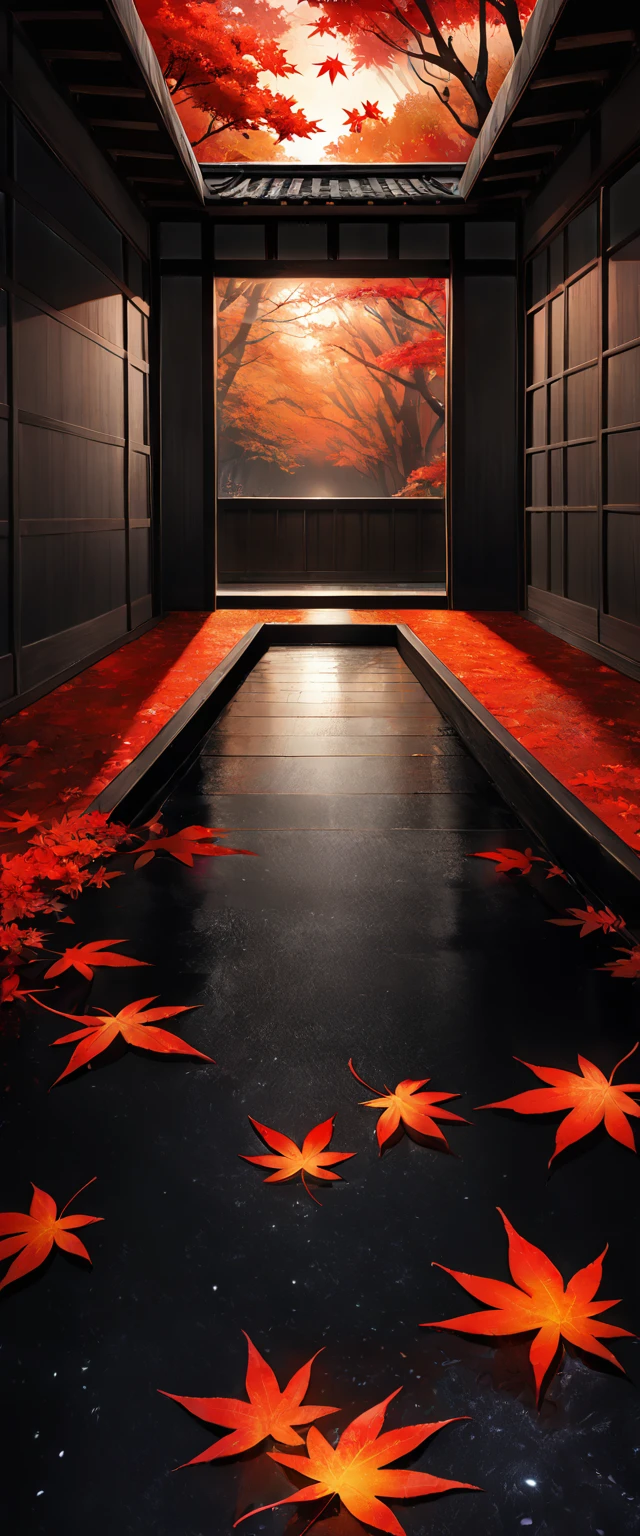  Black Glowing Blackboard Floor  、  Floor Reflects Like a Mirror  、  Dark Temple Room  、  Wooden Hallway Handrails are placed behind the floor surface、  Japanese Garden with Lots of Red Maple Trees  、  Scenery of Autumn Leaves Reflected in a Black Glowing Floor  、 Quiet Japanese Taste  、Solemn atmosphere 、  Refreshes Your Mind  、(((  Scene of Autumn Leaves Cut Out in a Black Glowing Space  )))