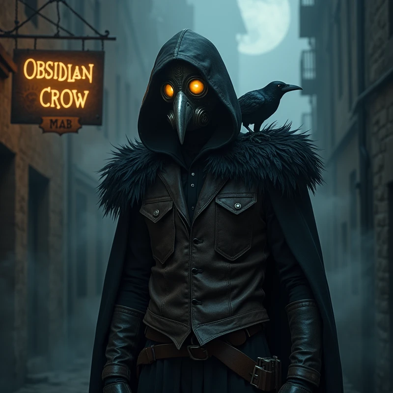 detailed plague doctor leather vest, throwing knives holstered to chest, (Iron reflective beak gas mask), (Intricate details on iron mask), (WW2 gas mask with raven beak),(black feather hooded cloak), Full face mask, portrait, red eyes , photorealistic, hyperrealistic, 8k, high quality, cinematic, dramatic lighting, dark fantasy, moody atmosphere, intricate details, gothic, ominous, mysterious, grim, menacing, foreboding, eerie, unsettling, somber, haunting, chiaroscuro, dramatic shadows, dramatic highlights, metallic beak, (Iron reflective metal, Iron plague mask beak), dark haunted alleyway, revealing himself from dense black fog, pet crow perched on shoulder, small glowing eyes, Depth Of Field, dual wielding daggers, black smoke, dense smoke, dark night, moonlight, name "Obsidian Crow" on painted sign behind him "MAB" on smaller sign attached below, smoke, dark smoke, dual wield daggers, very dark alleyway, Ray Tracing, UHD, dark night, eerie, spooky, intricate, Accurate depiction of description