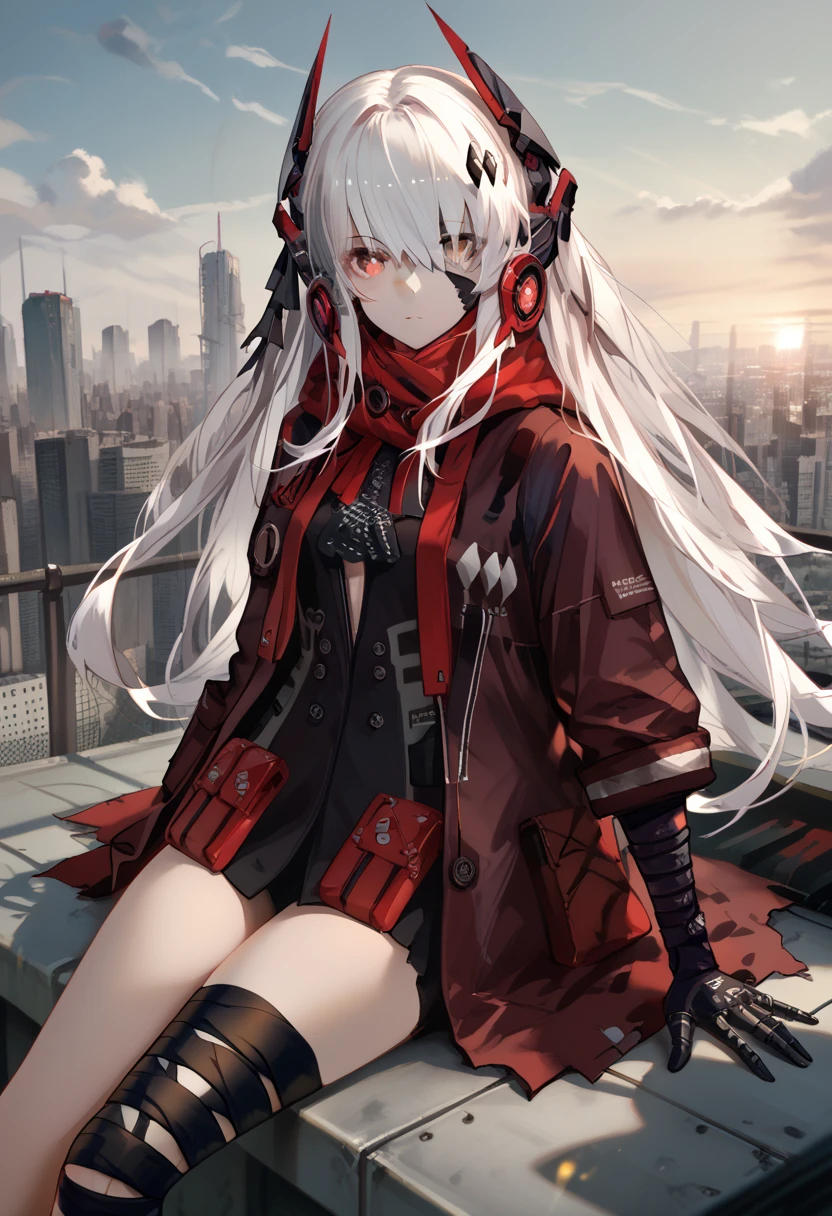 zPDXL2, score_9_up, score_8_up, score_7_up, (Anime_source), 1girl, CrimsonAbyss, Heterochromia, red eye, grey eye, white hair, Crimson clothes, headgear, (bandaged leg), cowboy shot, looking at viewer, sitting on roof, dutch angle floating hair, cyber city
