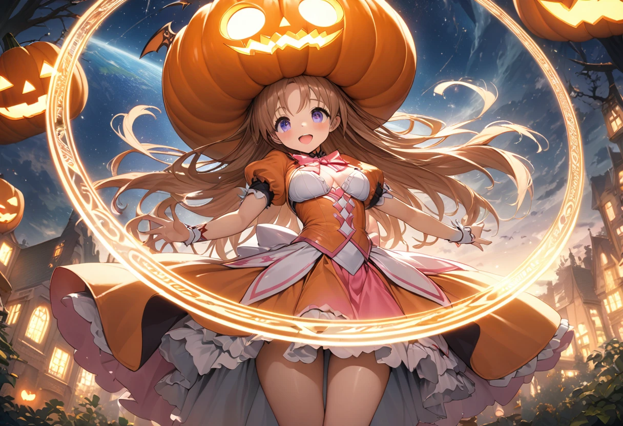 A highly detailed, beautiful magical girl with an extremely large chest, a Halloween pumpkin mascot character, a familiar, a glowing magic circle, magic light enveloping her entire body, a beautiful starry sky with a view of the Earth, cinematic lighting and a joyful atmosphere, 16K wallpaper quality