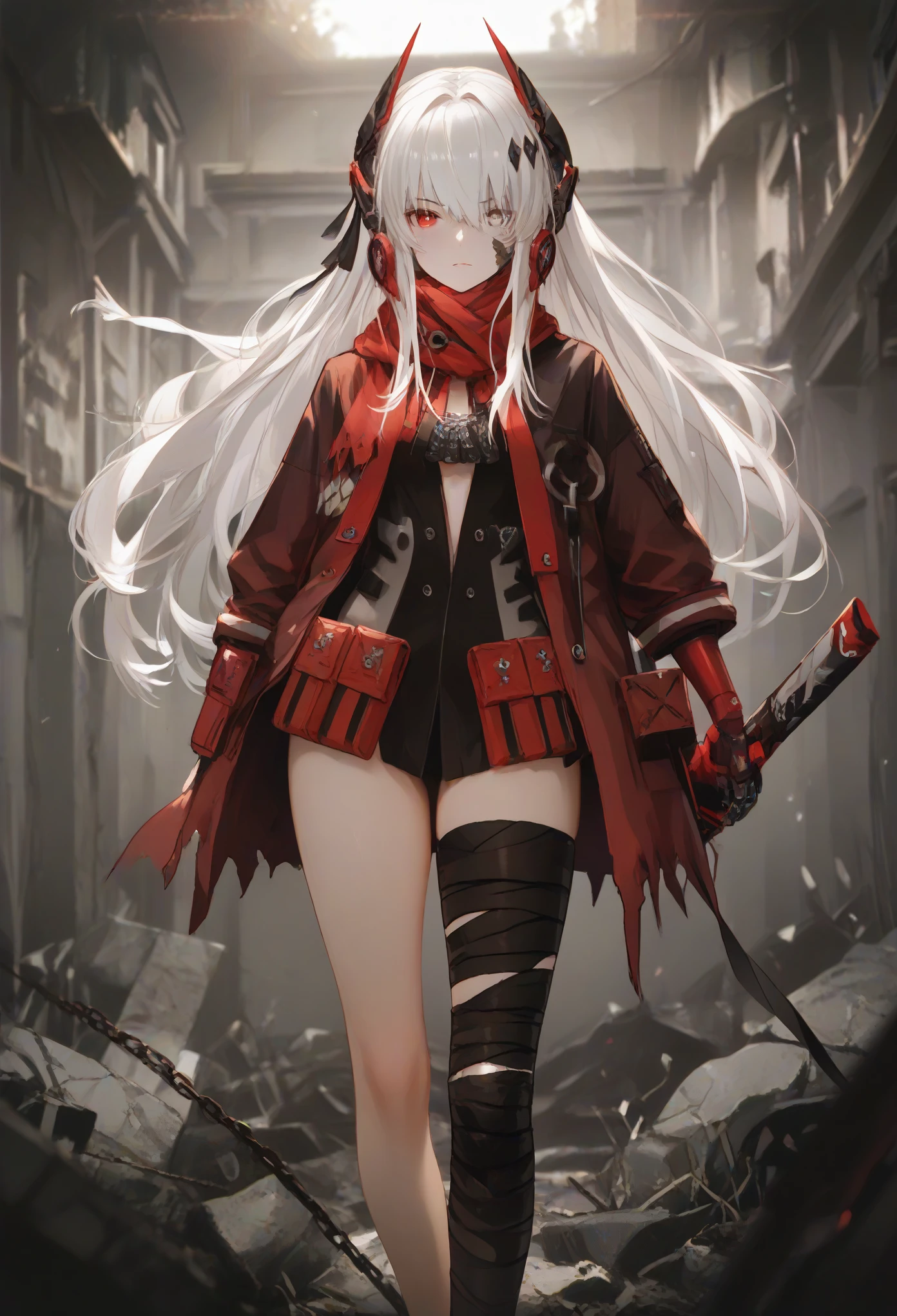 CrimsonAbyss, Heterochromia, red eye, grey eye, white hair, Crimson clothes, headgear, bandaged leg
